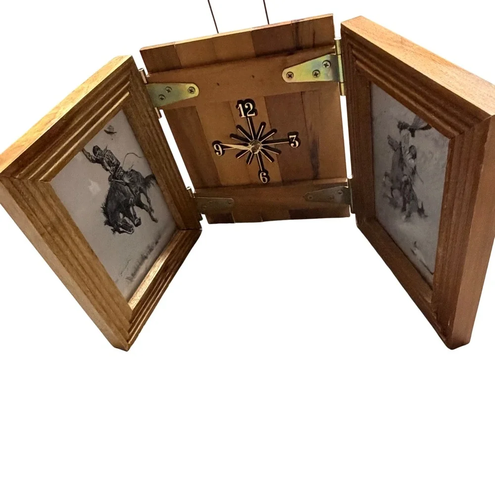 Vintage Rustic Wood Frederic Remington Western Triptych Desk Clock Picture Frame
